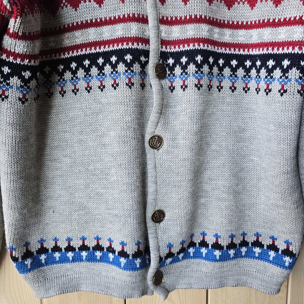 Vintage Banff Nordic Wool Cardigan Button Sweater Grey Red Mens Large - Picture 3 of 11